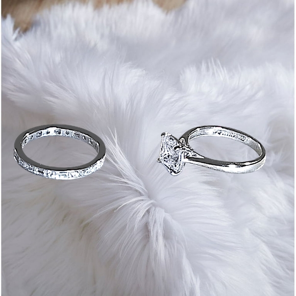 Sterling Silver Engagement Ring Set with Brilliant Square Cut/Baguette CZ Stones - Picture 2 of 11